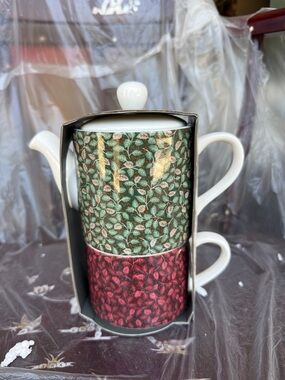 Laura Ashley Stacking Teapot & Cup Set in Green and Red Floral